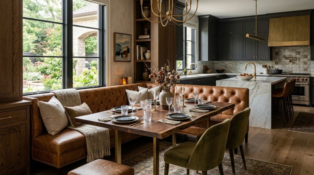 A stunning open concept luxury kitchen and dining room with premium finishes and elegant lighting.