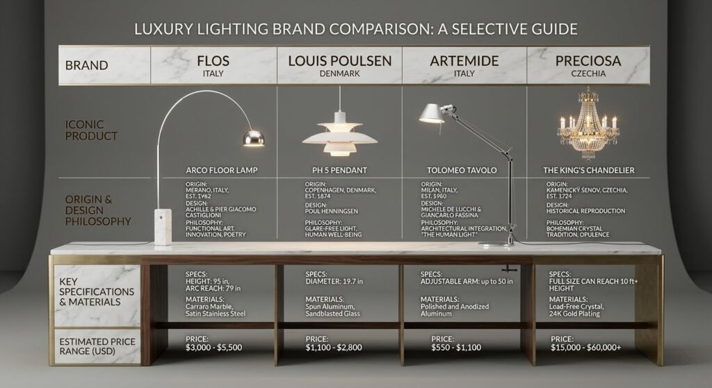 Comparison chart of luxury lighting brands including Flos, Louis Poulsen, Artemide, and Preciosa.