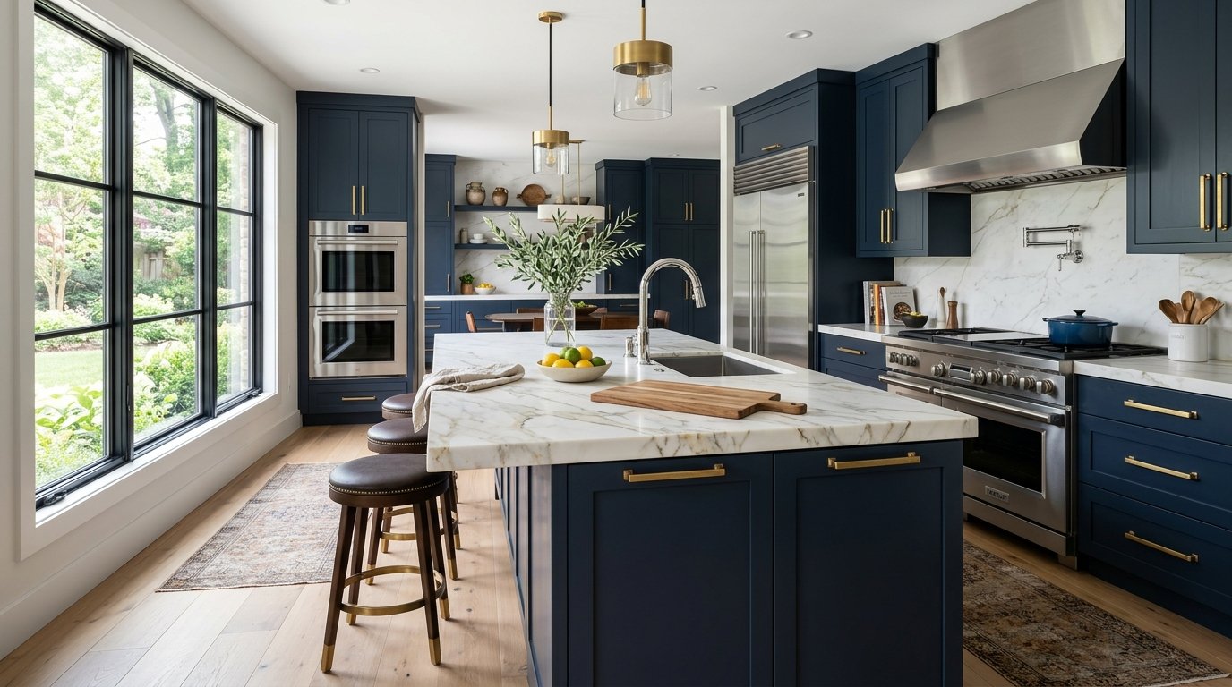A sleek luxury modern kitchen island with high-end marble countertops and minimalist stools.
