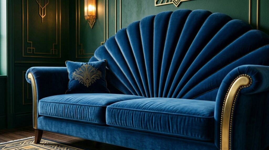 A plush luxury velvet sofa placed in front of a moody dark painted wall in a stylish living room.