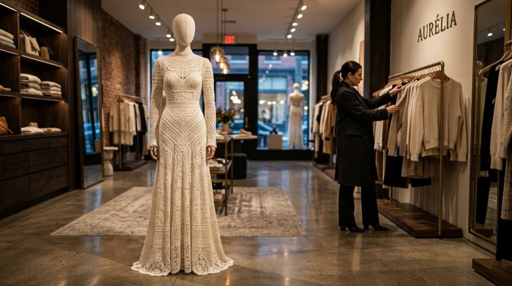 A dress form mannequin styled in a high-quality handmade crochet garment.