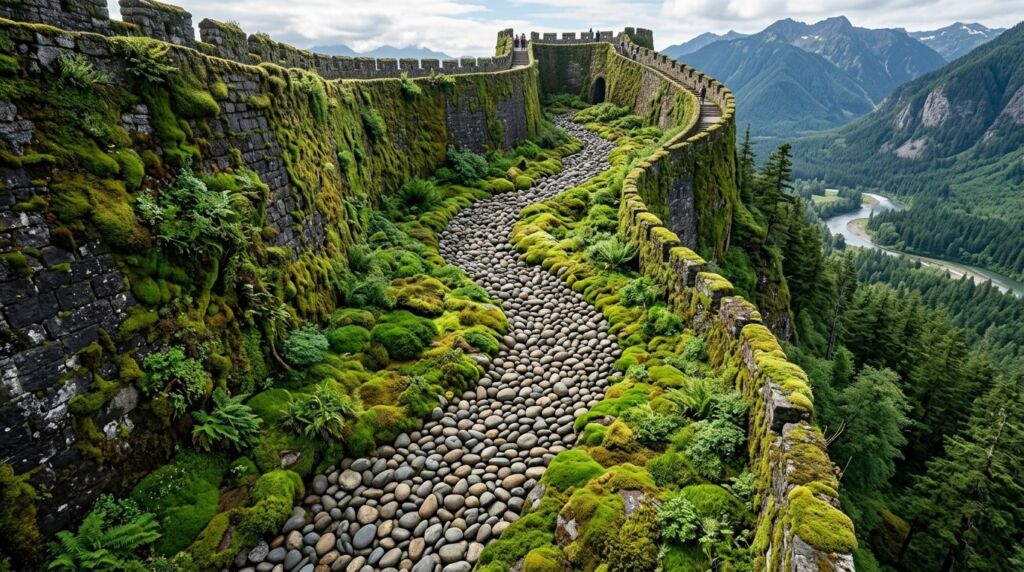 Detailed view of a massive stone wall with rough textures and natural mineral patterns.