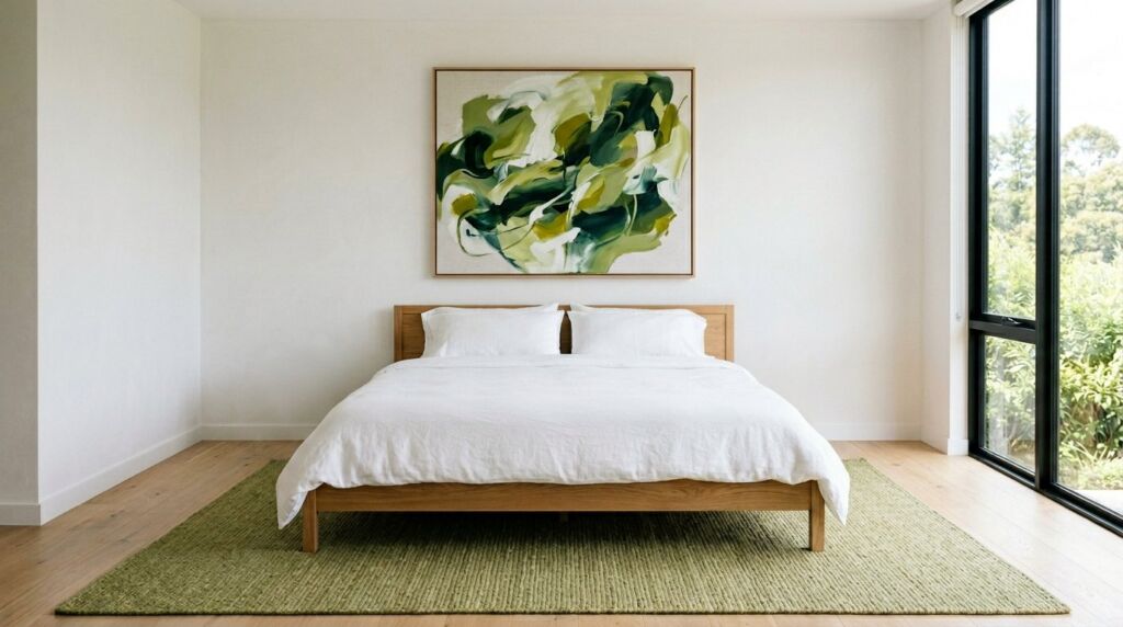 A calm and peaceful minimalist bedroom featuring clean lines and neutral decor.