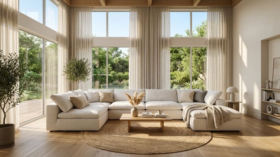 A serene minimalist living room featuring clean lines, neutral tones, and simple modern furniture.