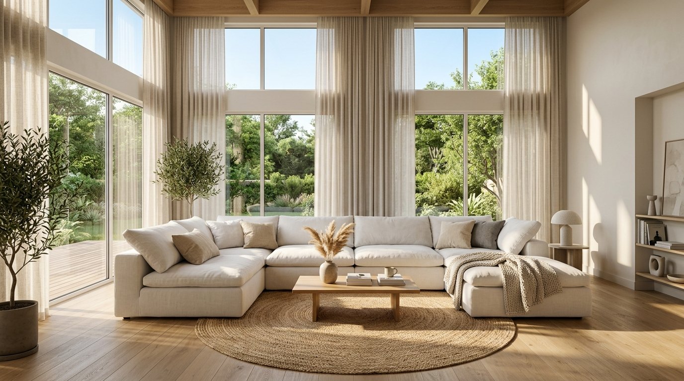 A serene minimalist living room featuring clean lines, neutral tones, and simple modern furniture.