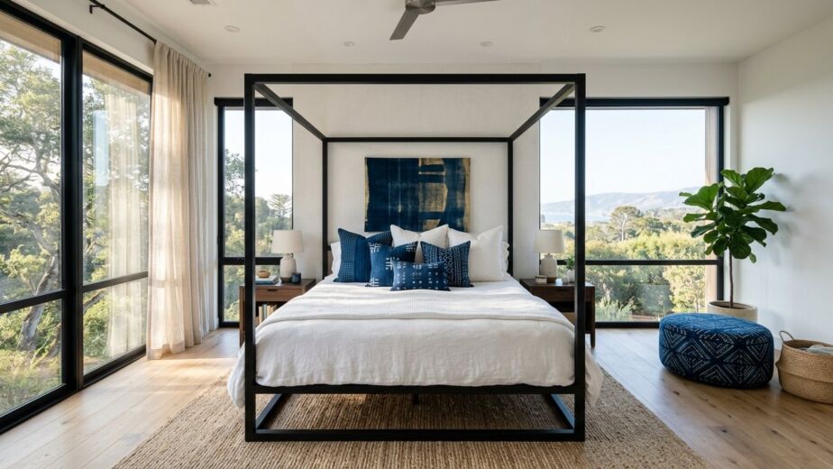 A modern bedroom with a minimalist canopy bed and neutral decor.