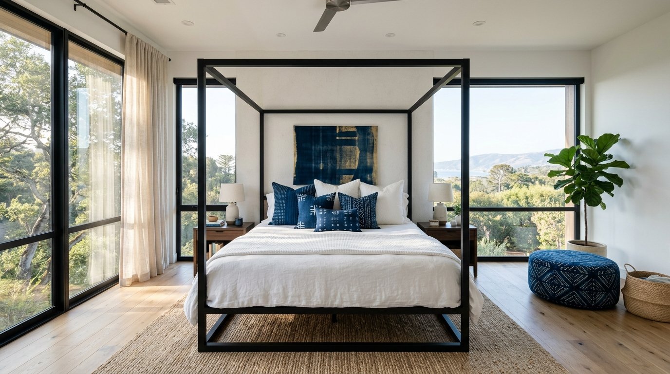 A modern bedroom with a minimalist canopy bed and neutral decor.