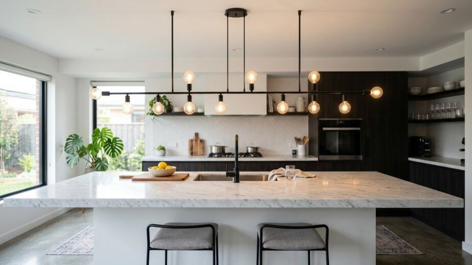 Modern black candelabra chandelier hanging over a marble kitchen island in a contemporary home.