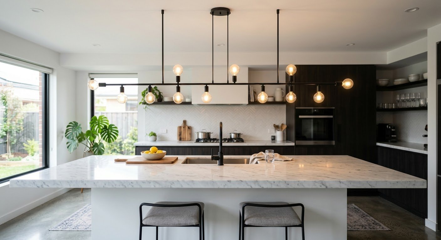 Modern black candelabra chandelier hanging over a marble kitchen island in a contemporary home.