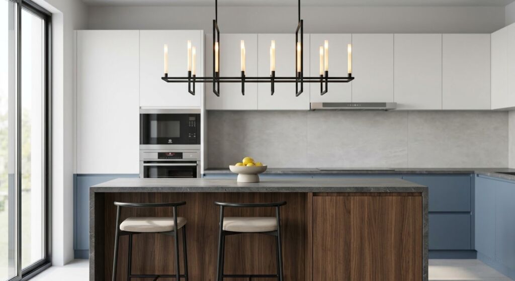 Modern black linear candelabra chandelier hanging above a kitchen island with two stools and a bowl of lemons.