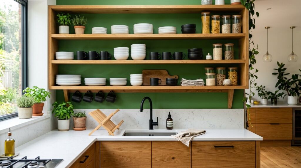 A beautiful modern kitchen interior featuring clean lines and bright ambient lighting.
