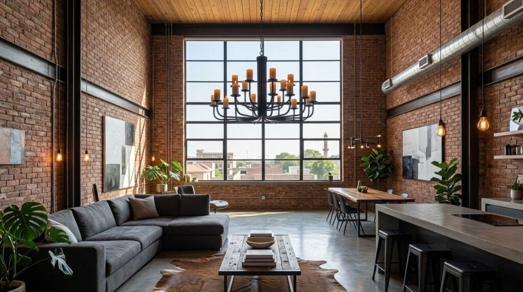 Industrial loft kitchen and living area featuring a modern candelabra chandelier, exposed brick walls, and large windows.