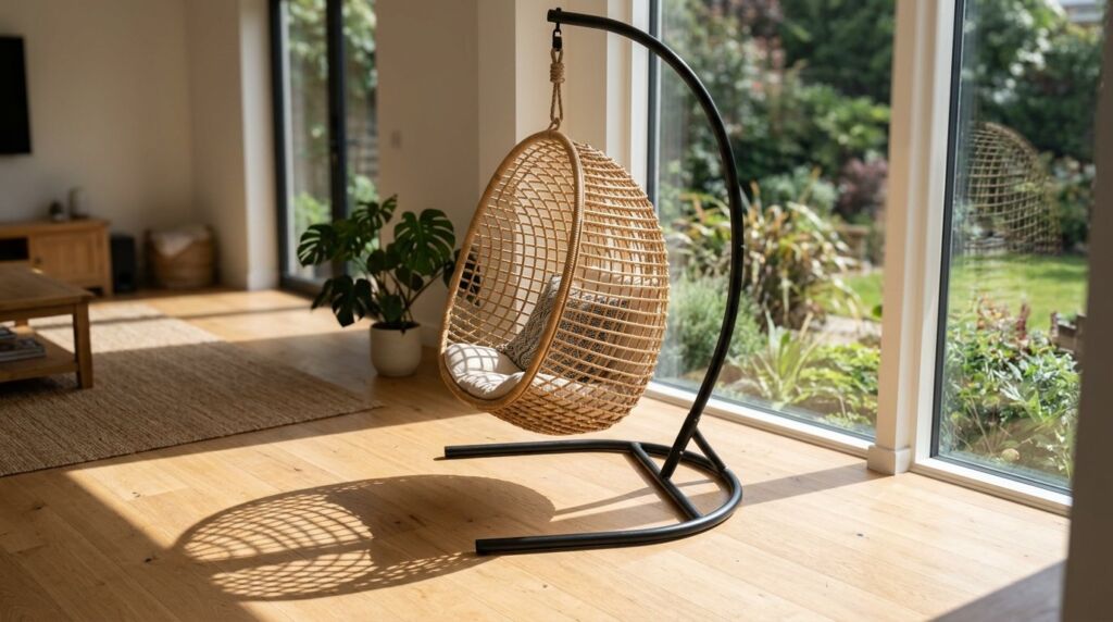 A stylish egg-shaped swing chair hanging from a sturdy black metal stand.