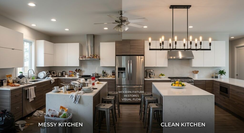 Split image showing a messy kitchen with an old ceiling fan versus a clean kitchen featuring a modern black candelabra over the island.