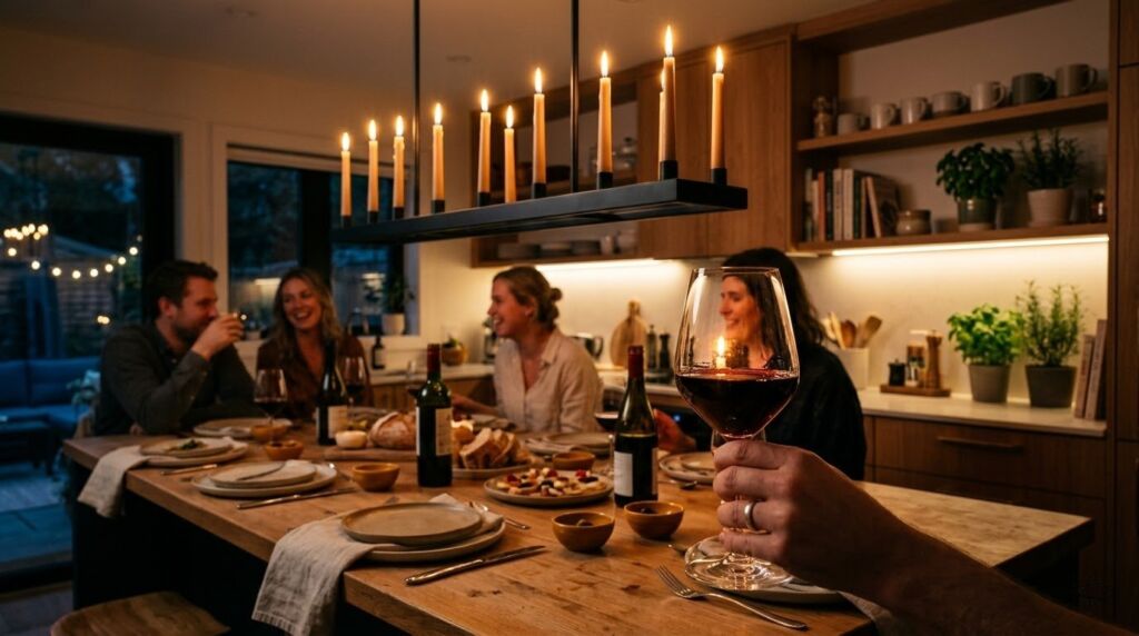 Friends enjoy a dinner party illuminated by a modern candelabra hanging over a kitchen island.