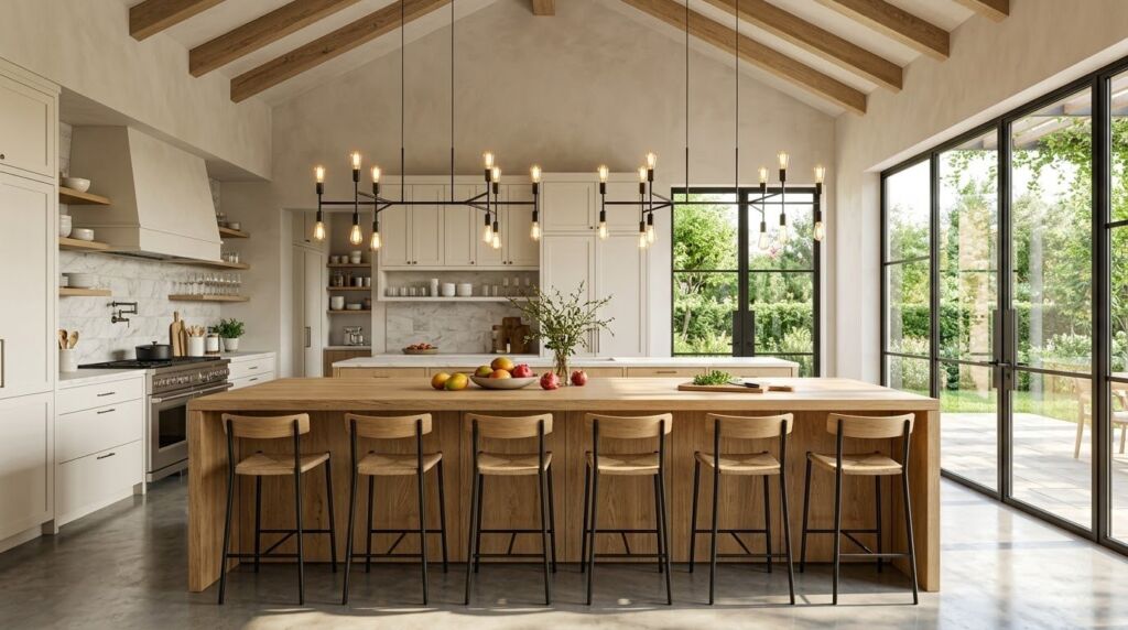 Modern open-concept kitchen featuring a large wooden island with six bar stools, illuminated by modern black candelabras.