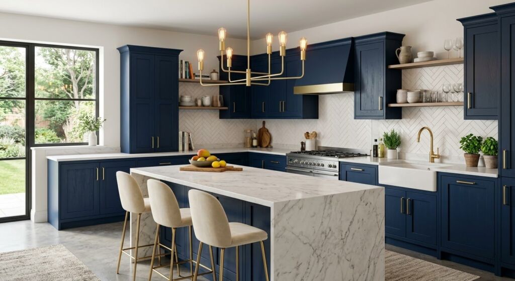 Modern kitchen featuring navy blue cabinets, marble waterfall island, and a brass candelabra chandelier.