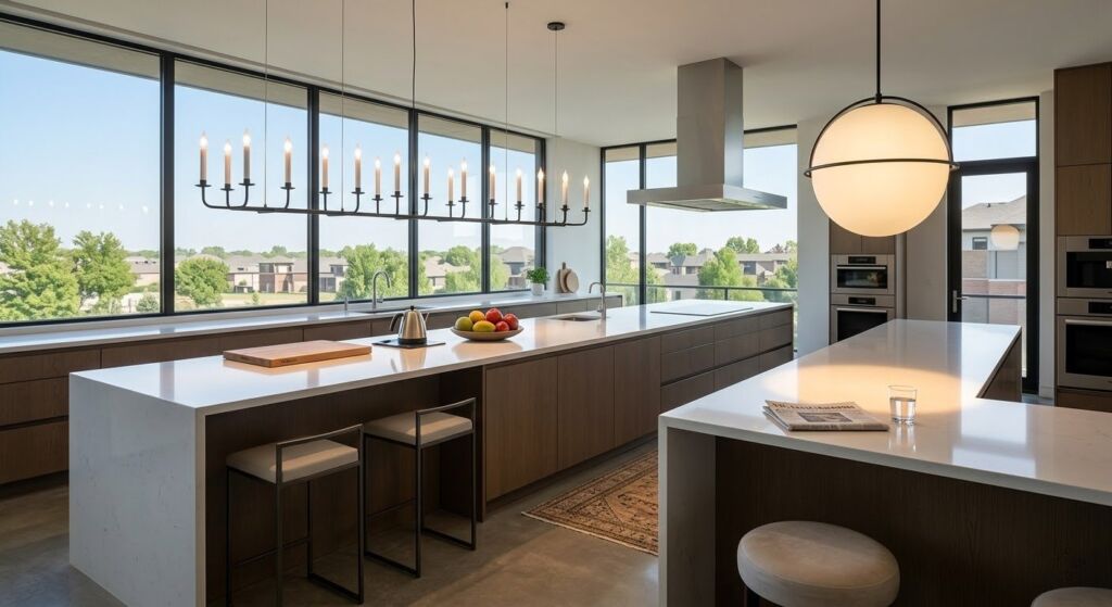 Spacious modern kitchen with wood cabinets, large windows, and a long black linear candelabra over a white quartz island.