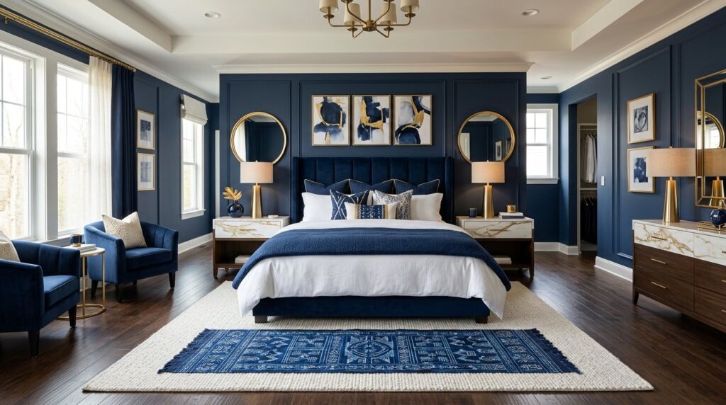 Modern master bedroom with king-sized bed and soft lighting designed for couples.