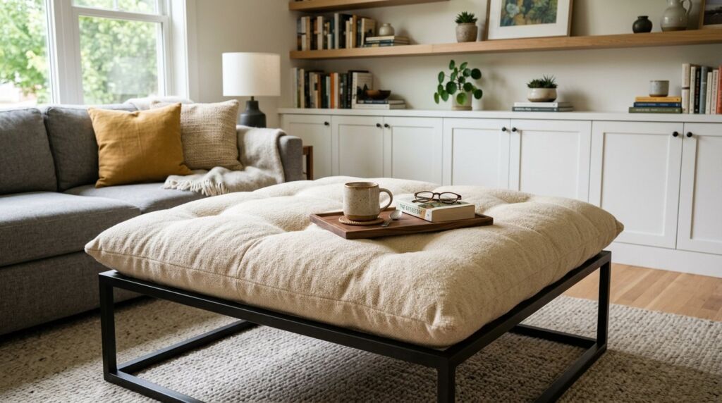 A sleek modern coffee table centerpiece in a bright, contemporary living room setting.