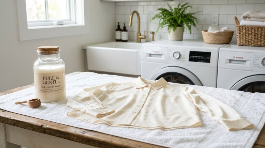 A clean and modern laundry room featuring organized shelving and laundry appliances.