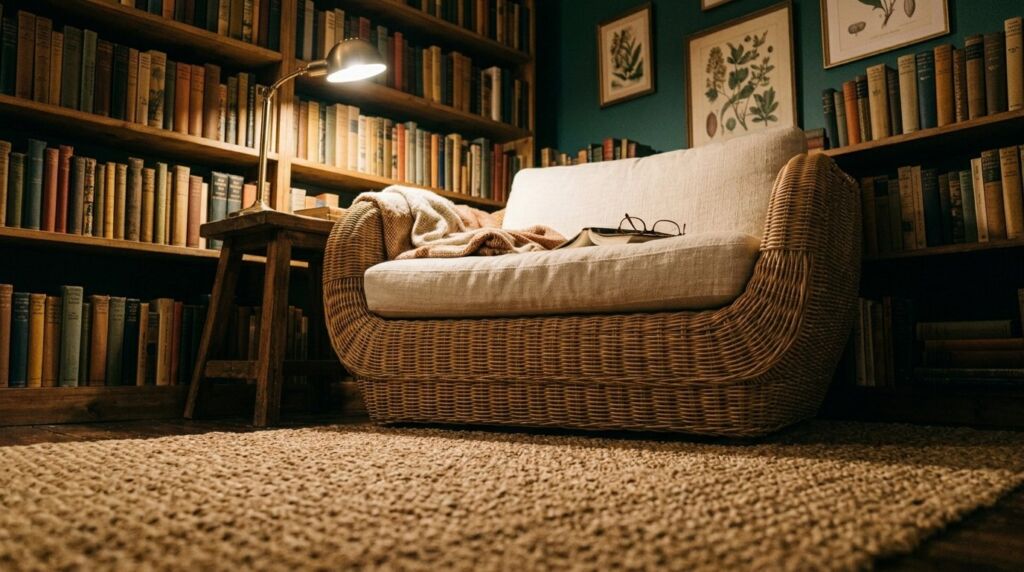 A stylish woven rattan lounge chair resting on a neutral-toned decorative area rug in a bright room.