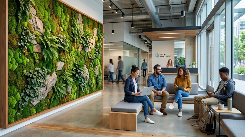 A clean modern tech office interior with ergonomic workstations and soft ambient lighting.