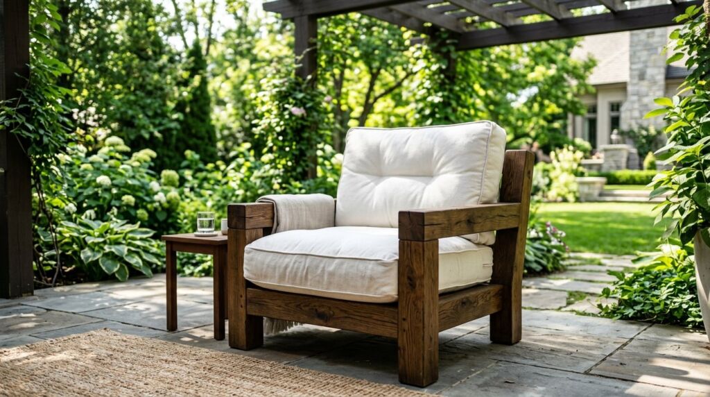 A stylish modern accent chair with high-quality fabric upholstery positioned in a bright, contemporary room.