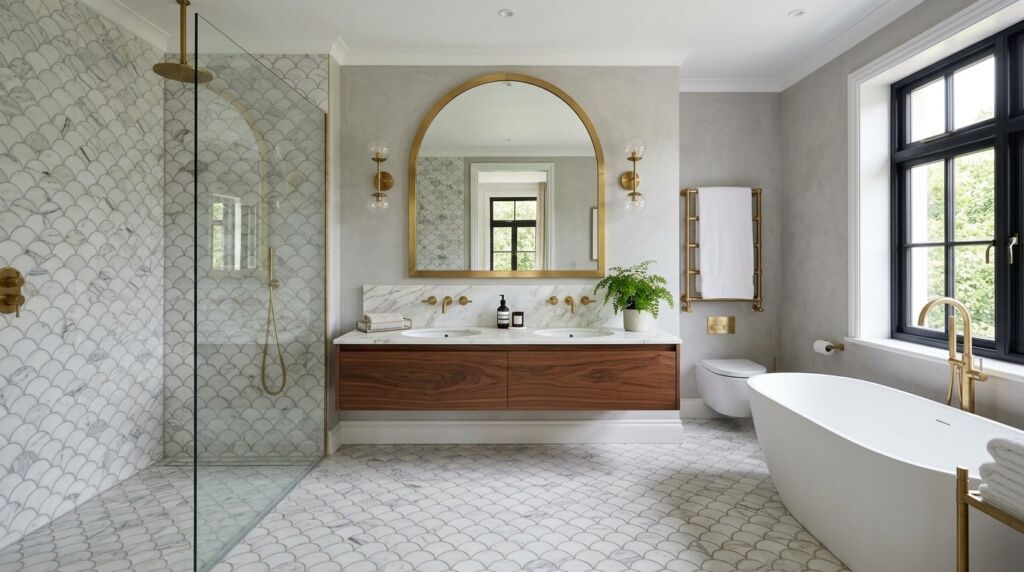 A luxurious bathroom interior featuring white and grey marble walls and flooring.