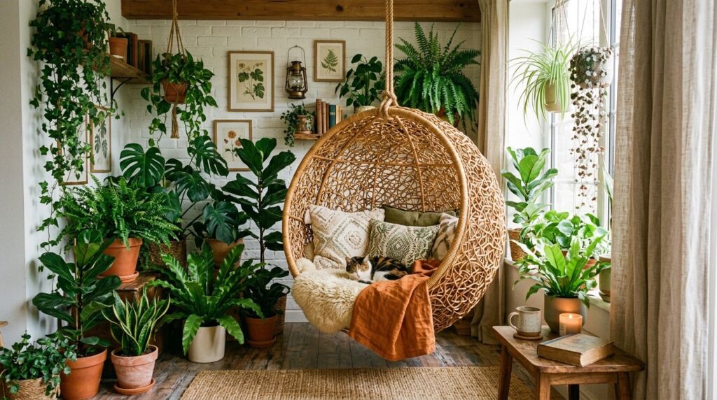 A stylish orb-shaped rattan nest chair with white cushions.