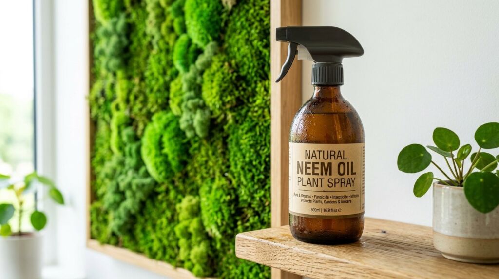 Close up of a spray bottle applying organic neem oil solution to green indoor plant leaves.