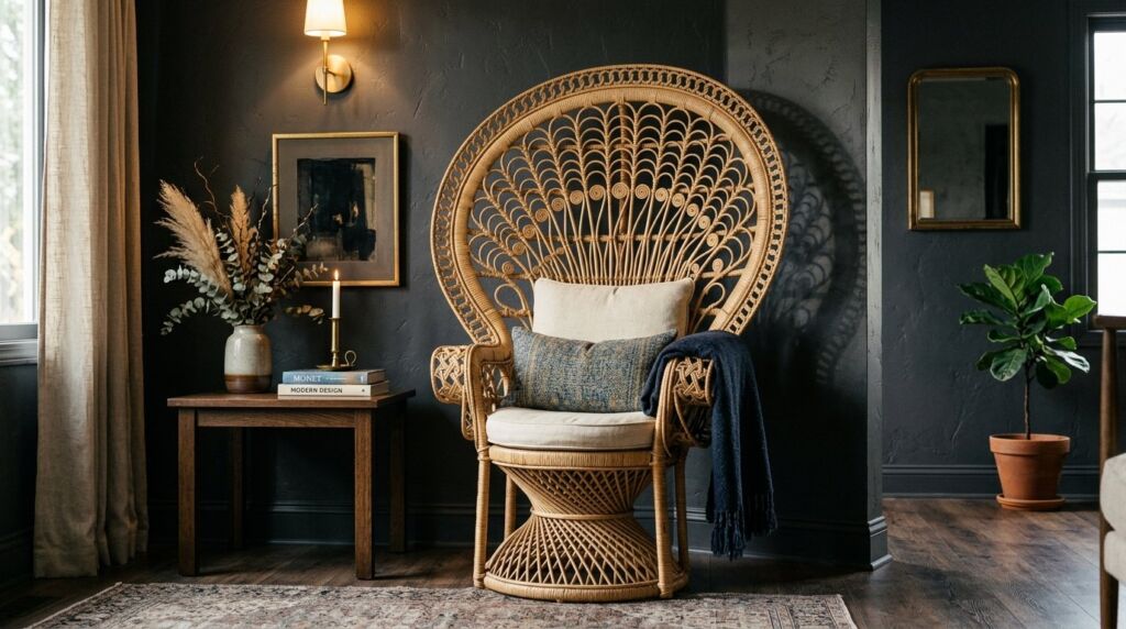 A bohemian style peacock rattan armchair positioned in front of a dark teal accent wall.