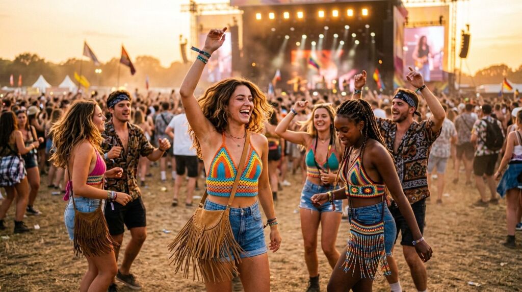 A group of happy people dancing together at an energetic celebration.