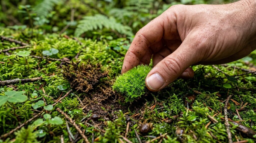 A person's hand carefully placing a piece of fresh green moss onto the forest floor.