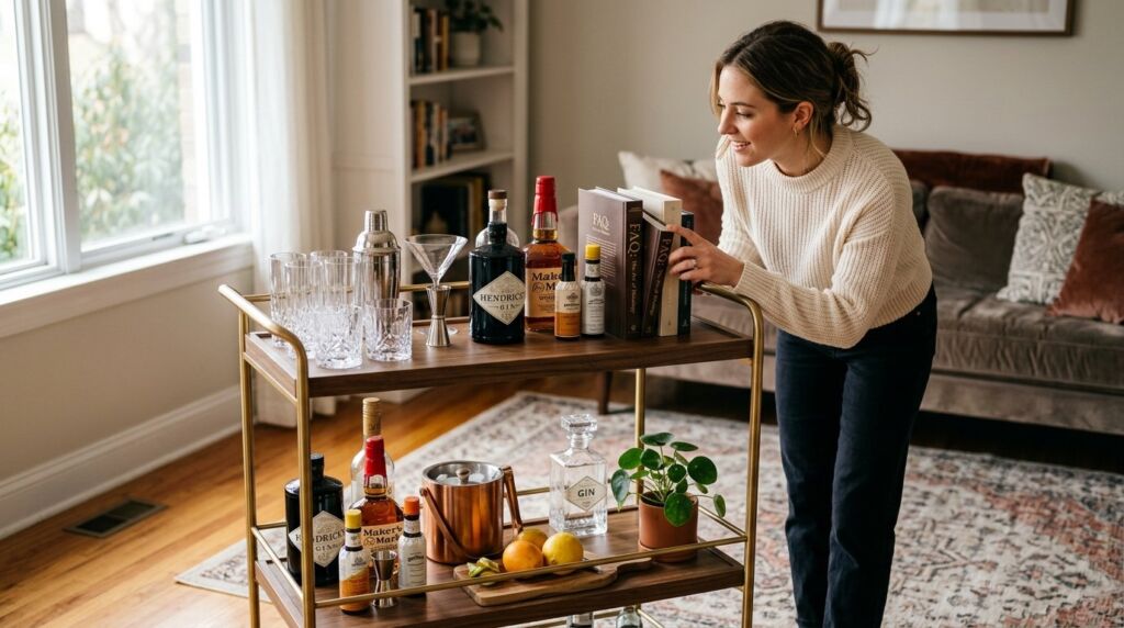 A person extending their hand to pick a book from a wooden library bookshelf.