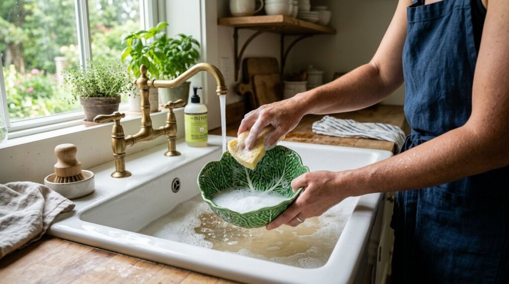 Close-up of a person washing a head of fresh cabbage under running water in a kitchen sink.