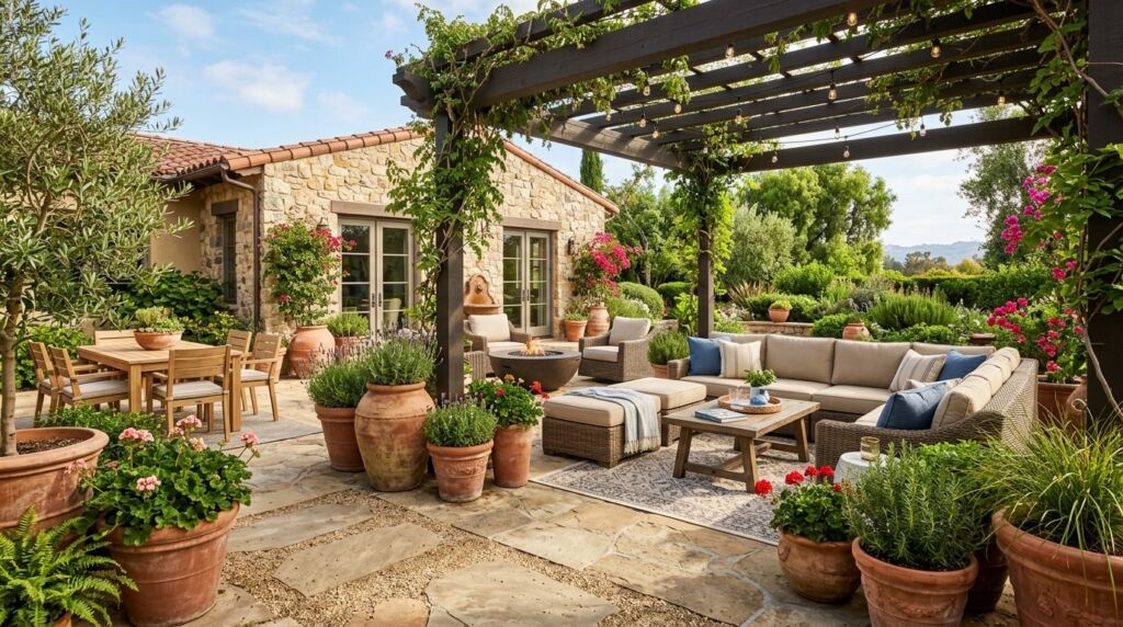 Wide shot of a modern, photorealistic transformed outdoor patio space in 8k resolution.