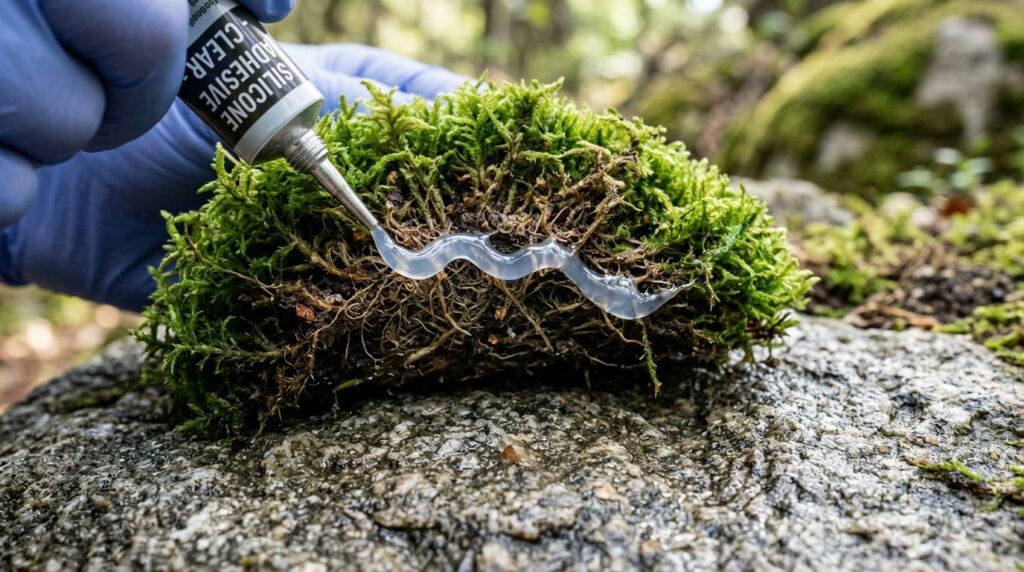 A close-up shot showing clear industrial silicone glue being applied precisely to a surface.