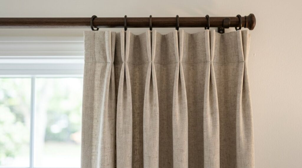 Close up view of a custom curtain header showing high quality fabric construction and stitching.