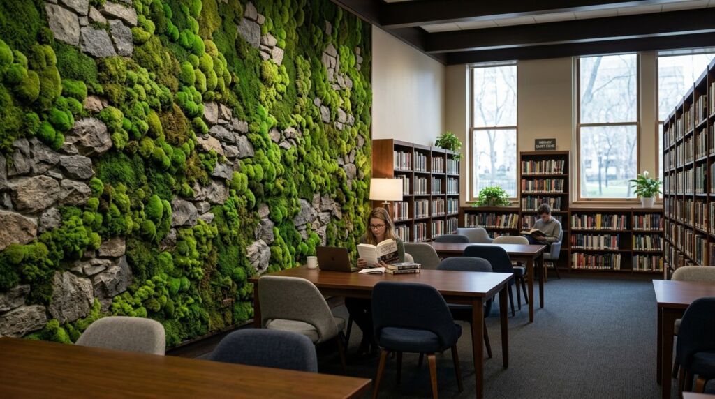 A stylish home office library with floor-to-ceiling bookshelves and organized workspace.