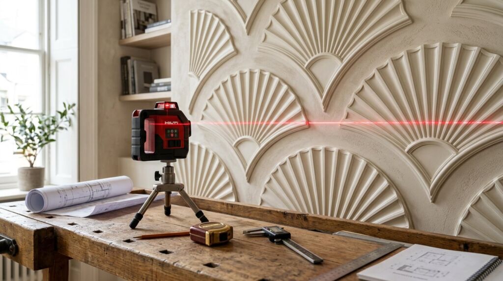 A flat lay set of premium interior design tools including drafting equipment and color swatches.