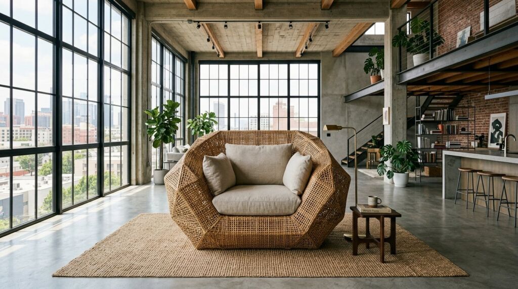 A stylish rattan armchair sits in a sunlit corner of a modern loft apartment.