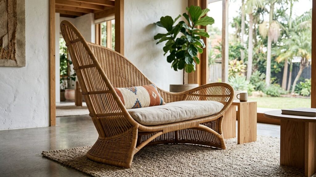 A contemporary rattan lounge chair with an artistic curved form.