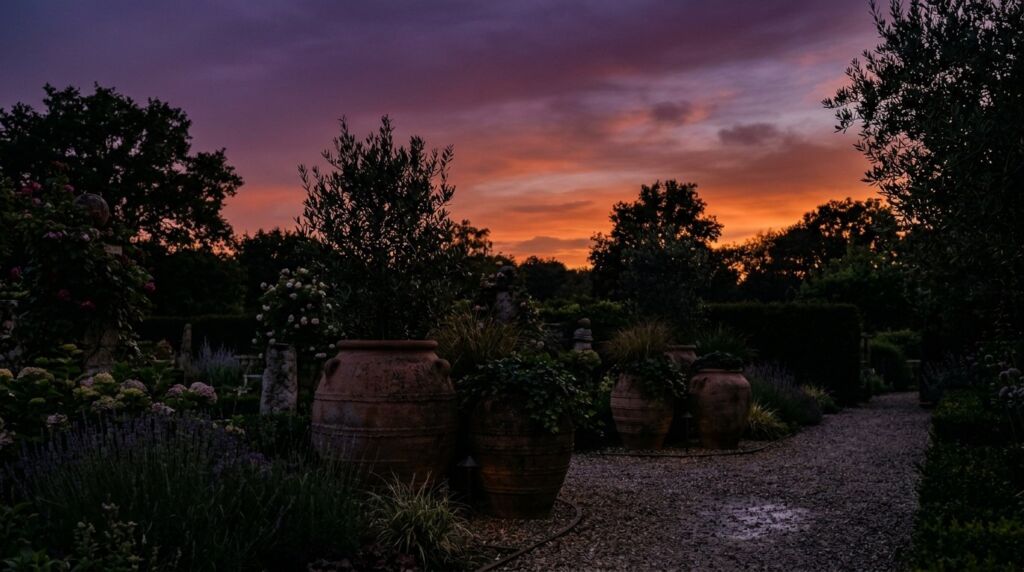 Group of various sized terracotta clay pots placed in a green garden setting.