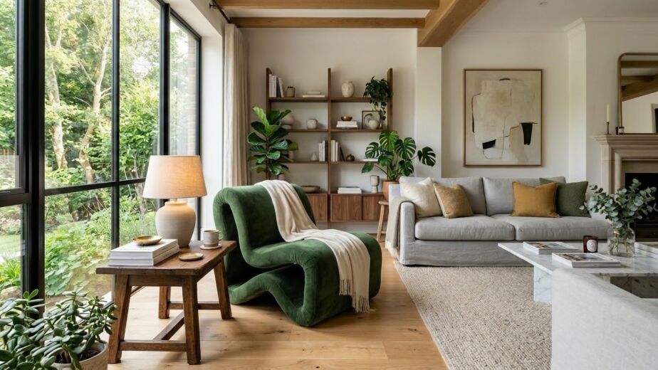 A stylish wooden sideboard with a scalloped edge detail in a bright living room.