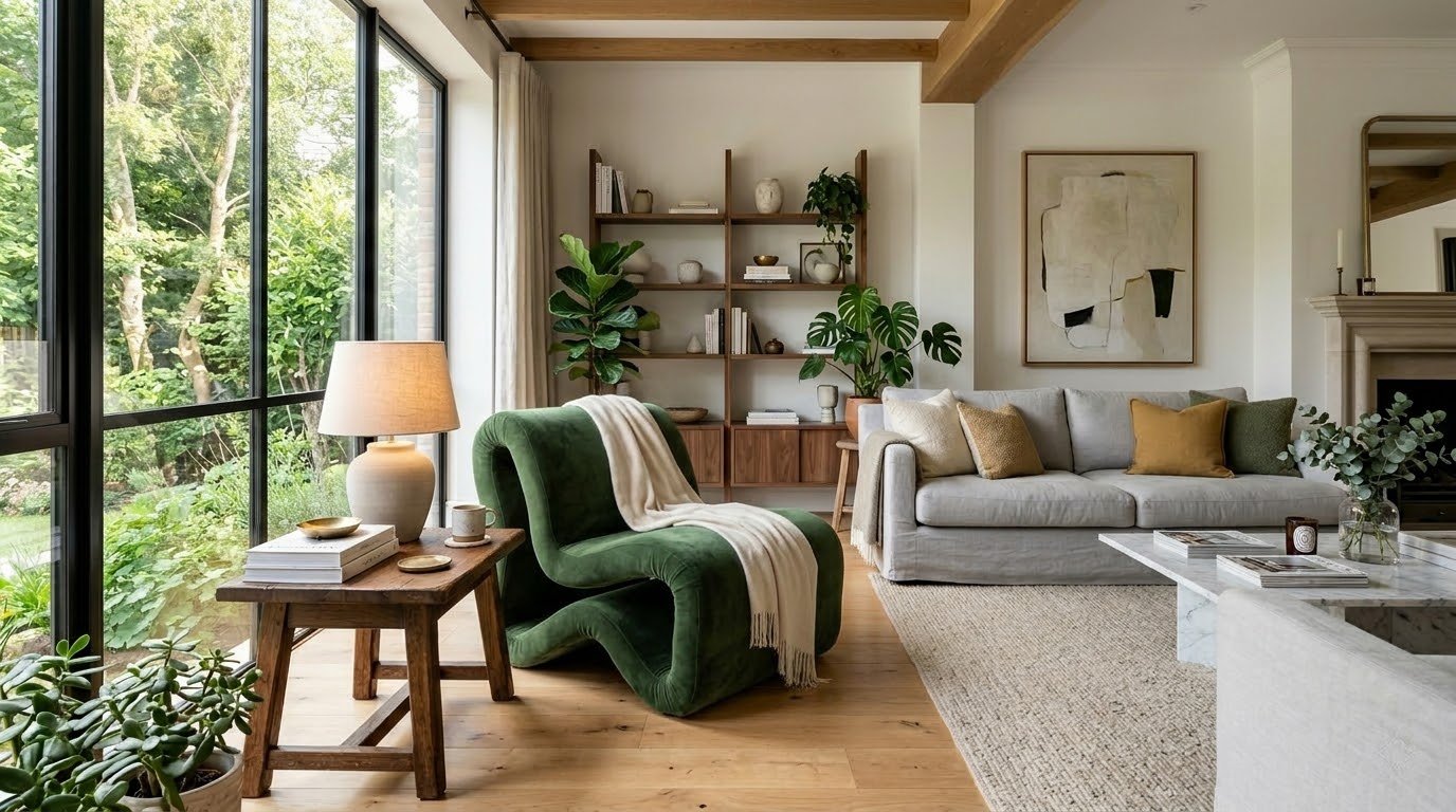 A stylish wooden sideboard with a scalloped edge detail in a bright living room.