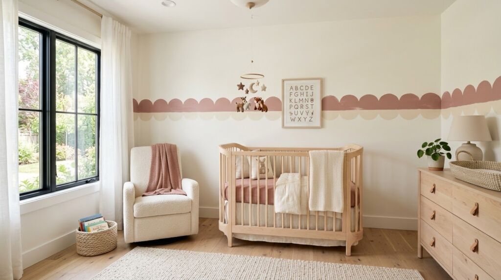 A stylish wooden sideboard with scalloped edges in a modern living room.