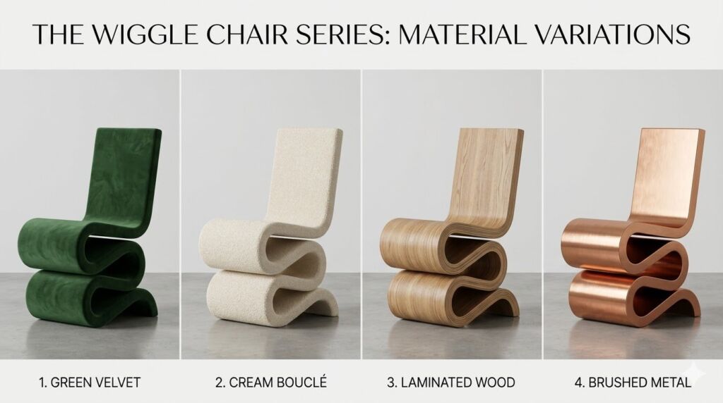 A stylish scalloped edge wooden dresser in a modern minimalist bedroom setting.