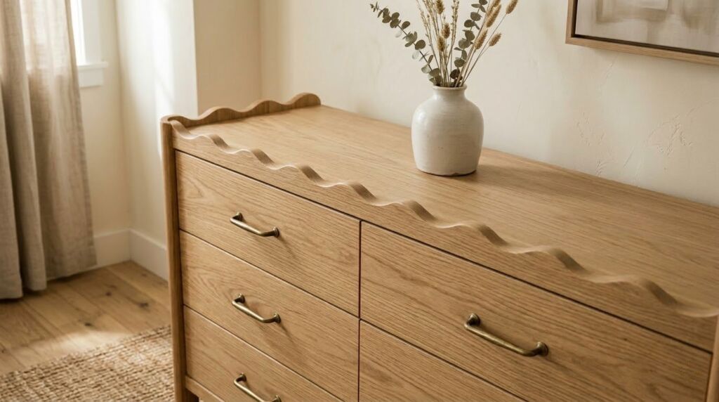 A modern wooden cabinet with scalloped detailing in a minimalist living room setting.
