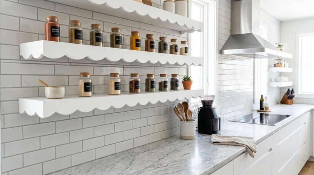A stylish cream-colored sideboard featuring a trendy scalloped edge design.